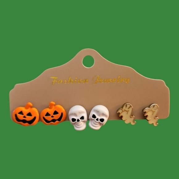 3/$30 Three Pairs Halloween Post Earrings Jack O' Latern Skull Ghost Earrings - Picture 1 of 3